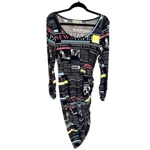 Almost Famous Black Newspaper Print Maxi Dress with Neon Pink and Yellow Accents